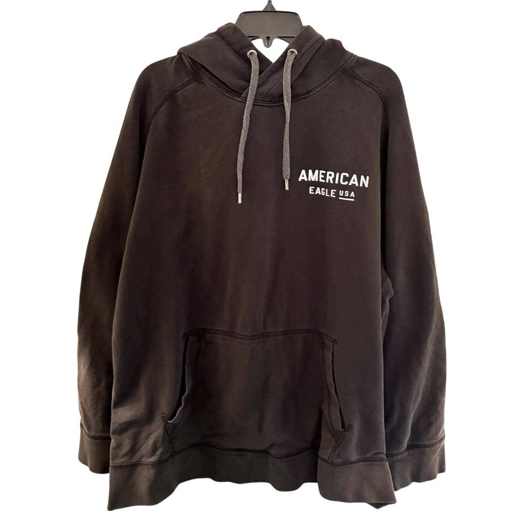 American Eagle Hoodie Mens XXL Black Graphic Pullover Sweatshirt Y2K Streetwear